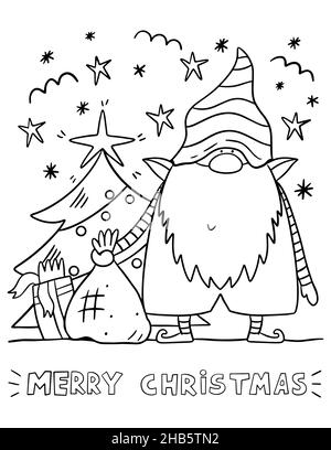 Page de livre de coloriage de gnome de Noël.Carte de coloriage Joyeux Noël pour les enfants. Banque D'Images