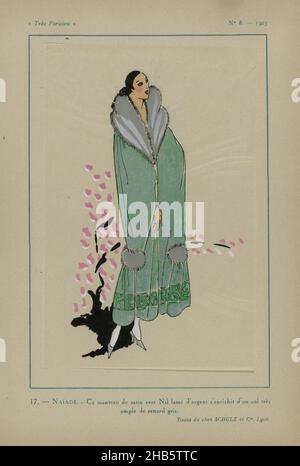 Paris, 1923, n° 8: 17.- NAÏADE.- ce manteau de satin vert Nil..., couche verte d'argent lamé avec un large col de fourrure de renard gris.Tissus de Schulz et Cié. Imprimé du magazine de mode Très parisien (1920-1936)., imprimerie: Anonyme, Schulz et Cie (mentionné sur objet), Lyon, Paris, 1923, papier,impression typographique, hauteur 269 mm × largeur 180 mm Banque D'Images