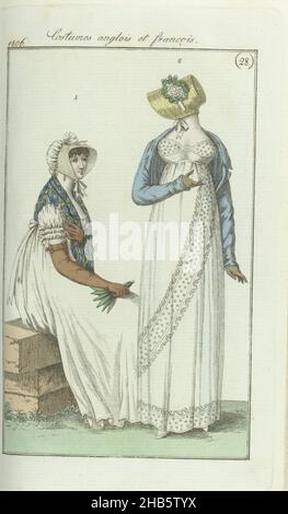 Journal des dames et des modes, édition Francfort 7 juillet 1806, costumes anglois et françois (28), selon le texte d'accompagnement (p.45): Fig.1: Chapeau avec dos de taffetas, noué comme cornet.Fichu de soie.Robe de mousseline blanche à manches courtes bouffantes.(Longs) gants en cuir.Chaussures vertes.Figure2: Mode anglaise: Bonnet 'à la chaumière', garni de mayoles.Robe courte de mousseline blanche avec drapery en diagonale de la taille au bord inférieur.Drapery et bord inférieur décorés de dentelle richement brodée.Spencer de soie bleue.L'imprimé fait partie du magazine de mode Banque D'Images