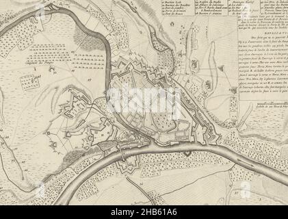 Carte de Namur, 1709, Plan de la ville et château de Namur avec les dernieres fortifications faites jusqu'à l'an 1709 (titre sur objet), carte de Namur avec les fortifications jusqu'à l'an 1709.Légende 1-53 en haut à droite et une explication.Partie d'une collection groupée de plans de batailles et de villes célèbres dans la guerre de succession espagnole., imprimerie: Jacobus Harrewijn (mentionné sur l'objet), éditeur: Eugene Henry Fricx, Bruxelles, 1709, papier, gravure,hauteur 447 mm × largeur 570 mm Banque D'Images