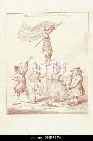 Titre imprimé de la série: La Rigenerazione dell' Olanda, 1795, la Rigenerazione dell' Olanda (titre sur objet), Hollandia Regenerata (titre en italien) (titre de la série), la rigenerazione dell'Olanda : spechio a tutti i popoli rigenerati (titre de la série sur objet), la Rigazione dell' Olanda, 1795.Un homme et une femme dansent autour d'un arbre de liberté à la musique de deux musiciens.Au sommet du poteau, un chapeau de phrygien avec des cloches de jester et une tourte inversée avec les mots liberté, égalité et Fraternité.Sur un drapeau le titre de la série.Un singe monte le poteau, sur le dessus du poteau un perroquet chante une chanson., imprimer Banque D'Images