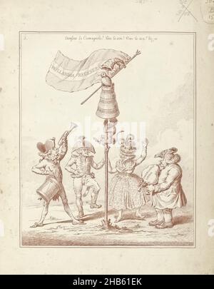 Titre imprimé de la série Hollandia Regenerata, 1795, Hollandia Regenerata (titre sur l'objet), Hollandia Regenerata (titre de la série), Hollandia Regenerata, 1795.Un homme et une femme dansent autour d'un arbre de liberté à la musique de deux musiciens.Au sommet du poteau, un chapeau de phrygien avec des cloches de jester et une tourte inversée avec les mots liberté, égalité et Fraternité.Sur un drapeau le titre de la série.Un singe monte le poteau, un perroquet chante une chanson., imprimeur: James Gillray (peut-être), dessinateur intermédiaire: David Hess, Londres, 1795, papier, gravure,hauteur 275 mm × largeur 220 mm Banque D'Images