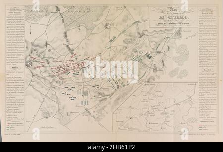 Plan de la bataille de Waterloo, 1815, Plan de la bataille de Waterloo, 18 juin 1815, habillé par le général Baron de Jomini (titre sur objet), Plan de la bataille de Waterloo le 18 juin 1815,avec les ordres de bataille des différentes armées indiquées dans différentes couleurs à travers le pays.En bas à droite un encart de la plus grande zone.Légendes 1-9 et A-J en français et en anglais à gauche et à droite.Partie d'un album de douze plaques avec des vues de ca.1840-1846 de la région où la bataille de Waterloo a eu lieu le 18 juin 1815., Imprimeur: Anonyme, dessinateur intermédiaire: Antoine-Henri baron Jomini ( Banque D'Images