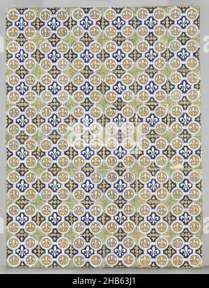 Champ de quarante-huit tuiles avec lys français, champ de quarante-huit tuiles (8 x 6) chacune avec des lys multicolores (bleu, vert et orange) peints en technique de remplissage., anonyme, pays-Bas, c.1560 - c.1600, faïence, glaçure d'étain, majolica, hauteur 105,5 cm × largeur 79,5 cm × profondeur 4,5 cm Banque D'Images