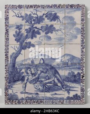 Tableau de carreau avec un paysage en bleu avec représentation mythologique: Hercules et Achelous, Tableau de carreau de vingt carreaux (5 x 4) avec un paysage bleu avec représentation mythologique: Hercules et Achelous.Sur la gauche un arbre et en arrière-plan une rivière et des bâtiments le long de la rive.Le cadre se compose d'une vigne florale., anonyme, Amsterdam (éventuellement), c.1720 - c.1760, faïence, glaçure d'étain, majolica, hauteur 65 cm × largeur 52 cm × profondeur 3 cm × poids 7000 gr Banque D'Images