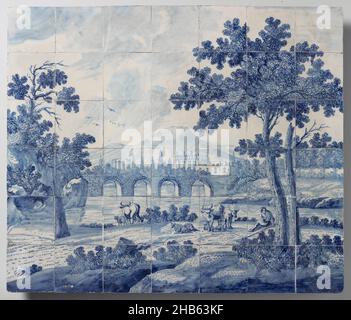 Tableau de carreaux avec paysage de rivière, tableau de carreaux de quarante-deux carreaux (6 x 7) avec un paysage de rivière peint en bleu avec un pont au centre et en premier plan un berger assis sous un arbre avec son bétail.En bas à gauche : C:BM., Tegelbakkerij aan de Delftschevaart, Cornelis Boumeester, Rotterdam, c.1680 - c.1720, faïence, glaçure d'étain, majolica, hauteur 75,5 cm × largeur 88 cm × profondeur 4 cm Banque D'Images