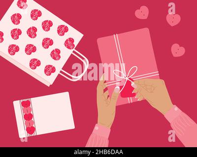 Concept de la Saint-Valentin.Boîte cadeau brune ouverte aux mains des femmes, emballée dans du papier kraft.Table avec vue sur le dessus, emballage écologique romantique, coeurs, riboles Illustration de Vecteur