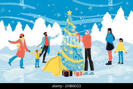 Les gens heureux autour de l'arbre de Noël célèbrent les vacances d'hiver Illustration de Vecteur