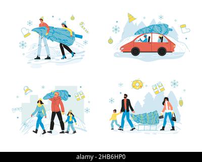 Personnes portant un arbre de noël fraîchement coupé Illustration de Vecteur