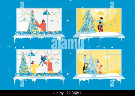 Des gens heureux se préparant pour la vue de la fenêtre de noël Illustration de Vecteur