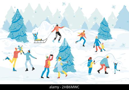 Les gens heureux s'amuser dans le parc forestier d'hiver Illustration de Vecteur