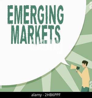 Légende du texte présentant les marchés émergents.Pays de concept d'affaires qui a certaines caractéristiques des magasins développés main dessin homme dans poche Banque D'Images