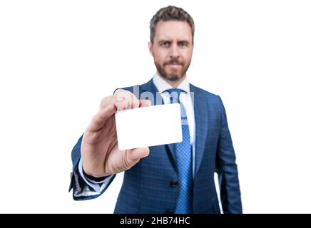 carte de crédit vide ou carte de visite pour copier l'espace dans la main de l'homme , concentration sélective, informations d'affaires. Banque D'Images