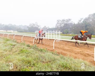 Jockeys à cheval en début de matinée sur la piste de Pune course Inde le 7 décembre 2021 Banque D'Images