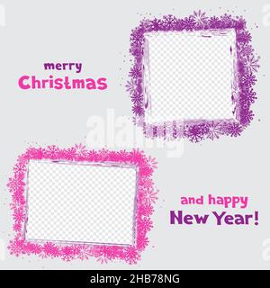 Noël carré rectangle neige hiver cadres photo sur fond gris.Décoration rose et violet flocon de neige des fêtes. Illustration de Vecteur