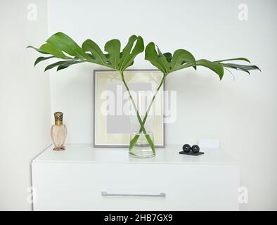 La paume laisse dans un vase en verre sur une commode blanche à côté d'un parfum de boule et de boule magnétique, un cadre avec un espace de copie dans un blanc élégant m Banque D'Images