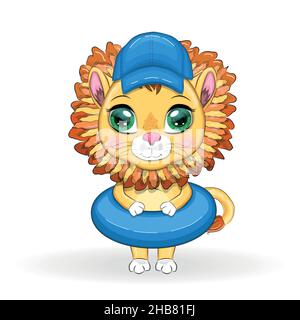 Lion de dessin animé dans les flippers, cercle de natation, chapeau, lunettes.Caractère avec de beaux yeux, puérile.Concept de vacances d'été Illustration de Vecteur