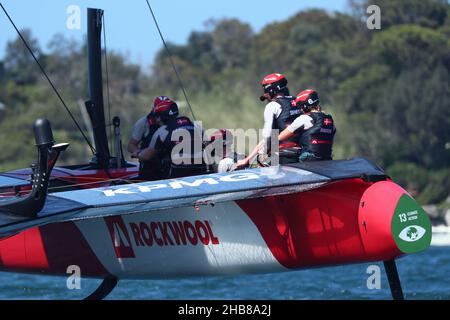 Port de Sydney, Sydney, Australie.17th décembre 2021.SailGP; équipe Danemark travailler ensemble à la course du yacht crédit: Action plus Sports/Alamy Live News Banque D'Images