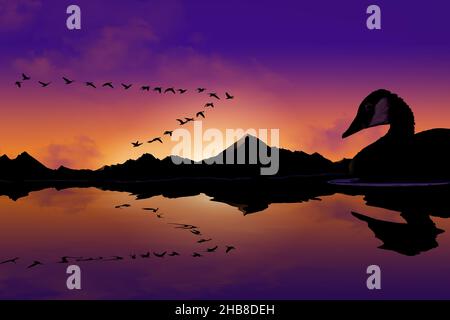 Les bernaches du Canada sont vues pendant la migration, volant dans une formation en V au-dessus d'un lac de montagne au coucher ou au lever du soleil, dans une illustration de 3 jours. Banque D'Images