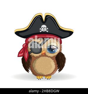 Hibou pirate, personnage de dessin animé du jeu, un oiseau dans un bandana et un chapeau à tête de cocon avec un crâne, avec un timbre oculaire.Caractère avec des yeux lumineux Illustration de Vecteur