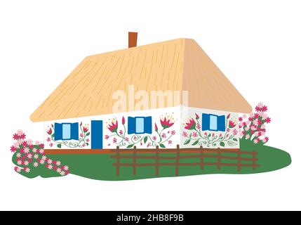 Maison traditionnelle ukrainienne avec murs blancs, toit de chaume, jardin de fleurs et clôture en osier.Une clique colorée d'architecture rurale populaire ukrainienne, salut Illustration de Vecteur