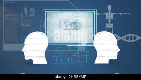 Deux modèles de tête humaine et interface numérique avec traitement des données médicales sur fond bleu Banque D'Images