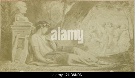 Photoréproduction d'une illustration d'un homme avec un lyre, situé dans une forêt, anonyme, Félix Joseph Barrias (mentionné sur l'objet), c.1851 - avant 1855, papier, imprimé albumine, hauteur 31 mm × largeur 59 mm Banque D'Images