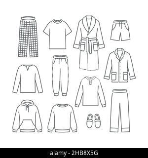 Vêtements de maison pour hommes.Icônes vectorielles simples à lignes plates.Vêtements de détente confortables à porter à la maison.Contours des symboles de différents pantalons, chemises, paj Illustration de Vecteur