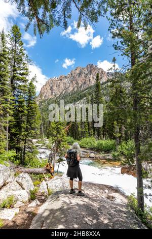 États-Unis, Idaho, Stanley, randonneur senior regardant le ruisseau de Rushing dans les montagnes Sawtooth Banque D'Images