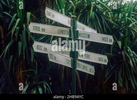 Le signe de distance de destination internationale dans Fitzroy Gardens dans la région de Kings Cross à Sydney, en Australie Banque D'Images