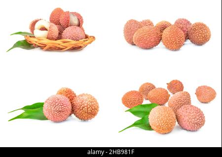 Collage de litchi isolé sur blanc Banque D'Images