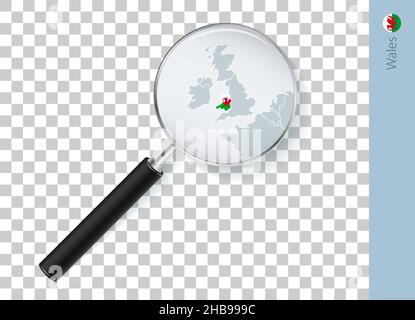 Carte du pays de Galles avec drapeau en loupe sur fond transparent.Vecteur loupe avec carte. Illustration de Vecteur