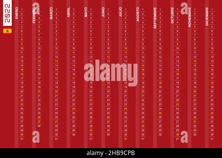 Calendrier vertical d'une rangée pour l'année 2022 en espagnol.Calendrier espagnol pour 2022 avec les dimanches en surbrillance.Illustration vectorielle. Illustration de Vecteur