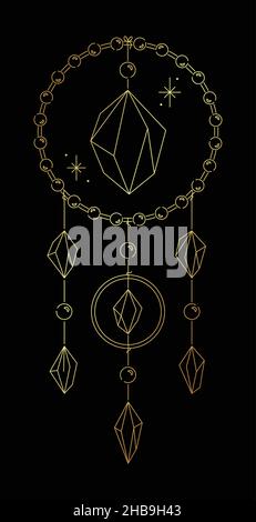 Golden vector lineart sketch Crystal dreamcatcher sur noir Illustration de Vecteur