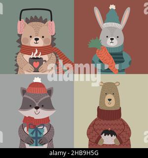 quatre animaux portant des vêtements d'hiver Illustration de Vecteur