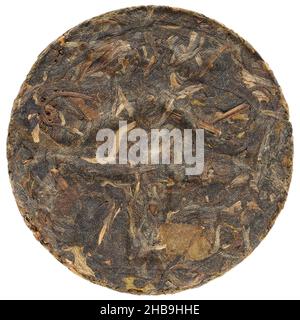 Myanmar Kokang puerh avec thé hiéroglyphe sur la surface de forme ronde isolé vue de dessus Banque D'Images