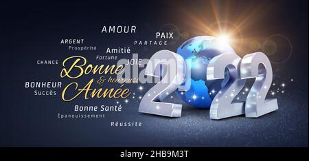 2022 Numéro de date du nouvel an, composé d'une planète de couleur bleue, de salutations et de meilleurs voeux en français, sur fond noir festif - 3D Banque D'Images