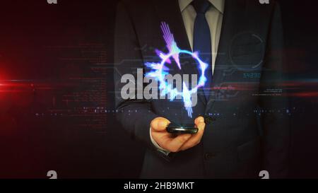 Concept de signal vocal à spectre audio, onde sonore radio et signal de volume d'enregistrement de musique disco.Homme d'affaires touche l'écran hologramme à portée de main.Futuriste t Banque D'Images