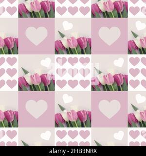 Motif fleuri sans coutures de tulipes et de coeurs avec éléments géométriques. Banque D'Images