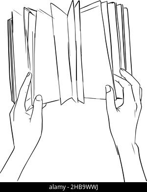 croquis du livre ouvert avec deux mains dessus Illustration de Vecteur