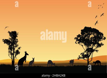 Famille de kangourous australiens dans la soirée nourrissant un fond orange Illustration de Vecteur