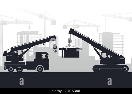 Les opérateurs travaillant avec des machines lourdes sur le fond de la ville en construction avec des silhouettes de grue et de grue télescopique Illustration de Vecteur
