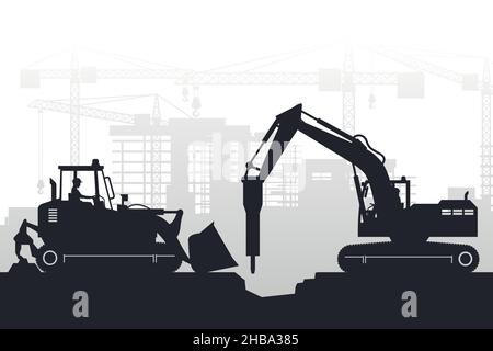 Arrière-plan avec silhouettes de machines lourdes avec conducteur conduisant une chargeuse sur chenilles et une pelle hydraulique à marteau Illustration de Vecteur