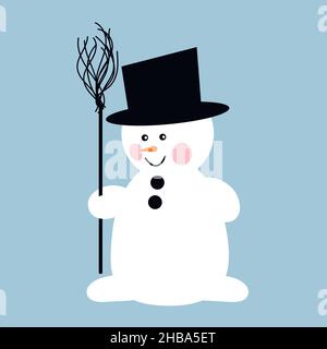 Bonhomme de neige drôle, bonhomme de neige dans un costume coloré avec un balai.Illustration plate, vecteur Illustration de Vecteur