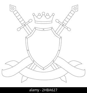 décoration à motif chevalier vectoriel.Emblème.Un signe de famille.Symbole.Couronne et épées de bouclier. Illustration de Vecteur