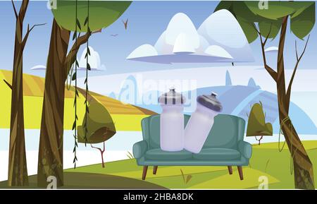 maquette de bouteille d'eau dans un jardin avec canapé Illustration de Vecteur