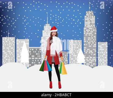 Femme avec chapeau de père Noël tenant des sacs de shopping.Concept de vente de Noël.Vecteur Illustration de Vecteur