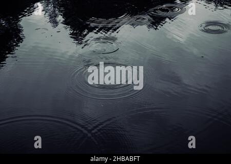 Cercles de gouttes de pluie.Gouttes de pluie faisant des cercles sur le lac tout en pleurant l'arrière-plan.Photo d'arrière-plan de temps pluvieux et moody. Banque D'Images