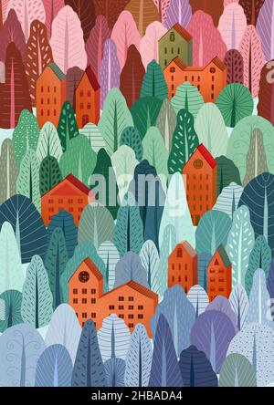 Quatre saisons en une illustration.Ville dans la forêt.Vie de pays.Nature de la taïga.Taïga d'automne.Forêt bleue d'hiver. Banque D'Images