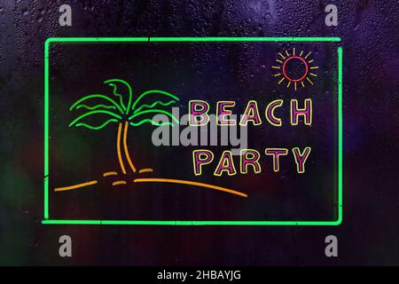 Affiche vintage Neon Beach Party dans la fenêtre à pluie Banque D'Images